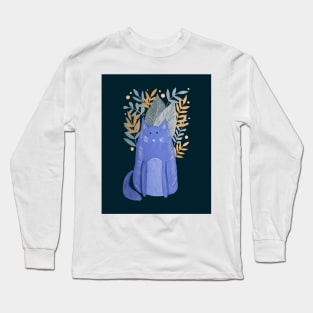 Cat and foliage - pastel autumn with dark background Long Sleeve T-Shirt